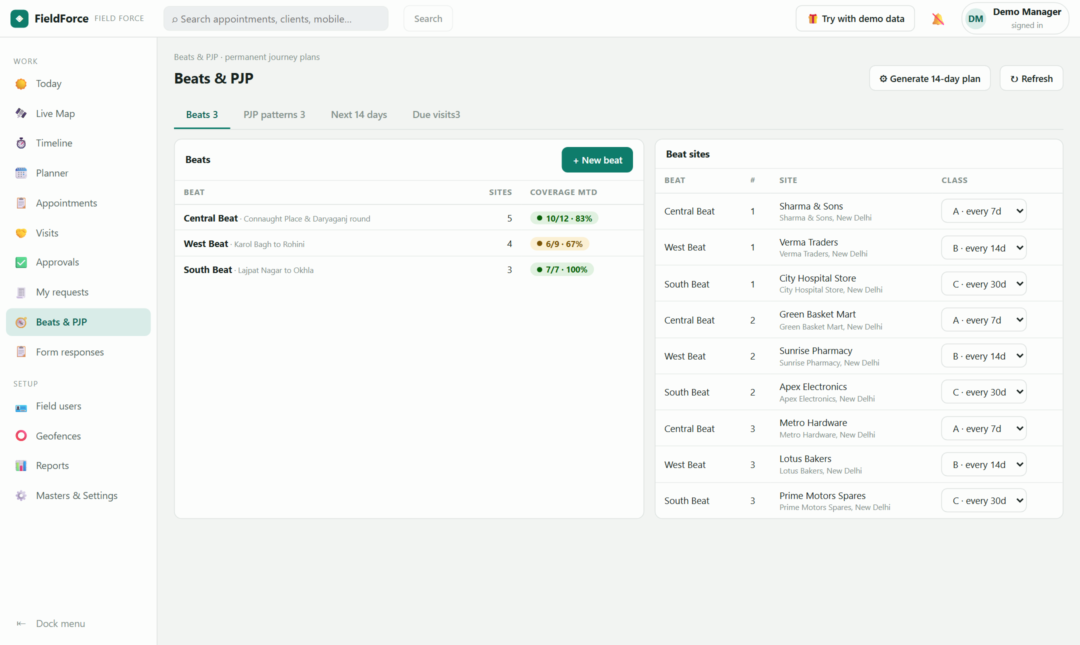 FieldForce beats and PJP screen — journey planning and due visits
